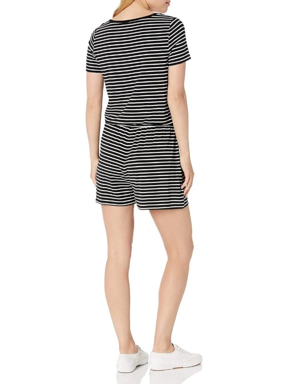 Women's Black Stripe Casual Summer Short Sleeve Scoop Elastic Waist Neck Romper - Picture 2 of 5